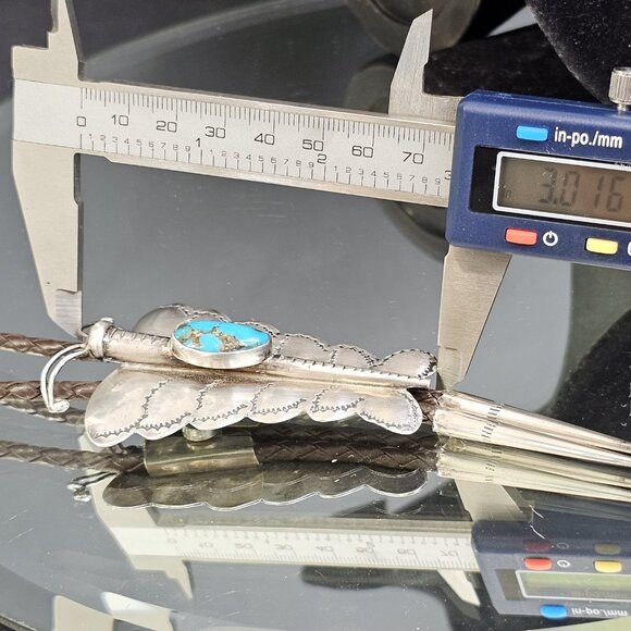 Navajo Turquoise Sterling Silver Bolo Tie Large Butterfly Signed HW. USA - Picture 11 of 12